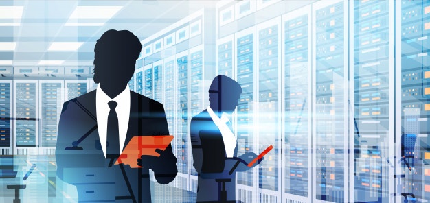 Personas silhouette que trabajan sala data center servidor servidor base datos informacion computadora 48369 15490
