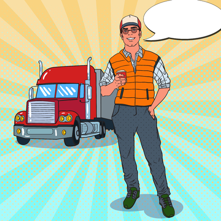 82578127 pop art happy trucker de pie delante de un cami%c3%b3n conductor profesional ilustraci%c3%b3n vectorial